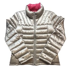 Bernardo Jacket Womens Large Silver Goose Down Puffer Quilted Zip Warm Winter